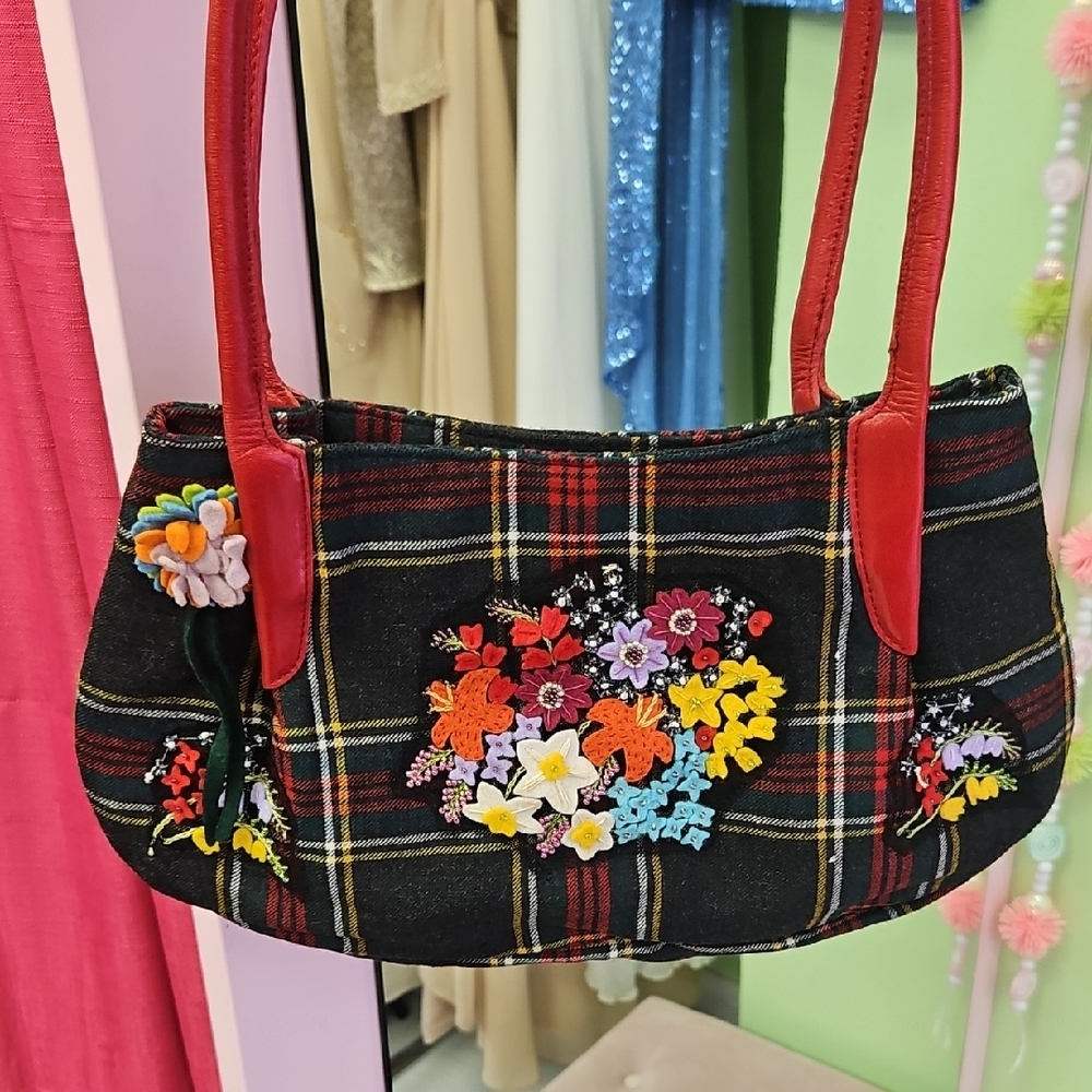 Vintage Moschino Floral & Plaid Wool Bag
